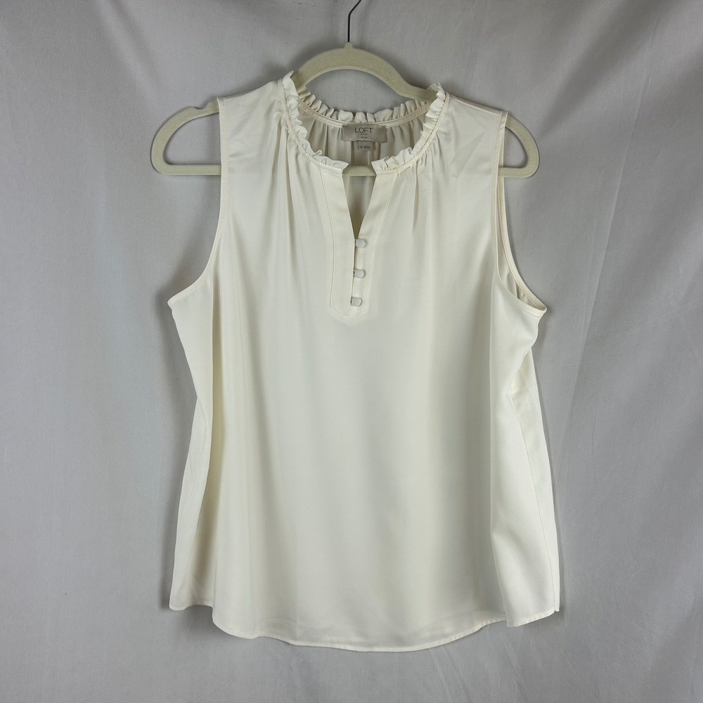 Loft Outlet Women Cream Ruffle Neck Sleeveless Blouse LP White Button Front - Picture 2 of 7